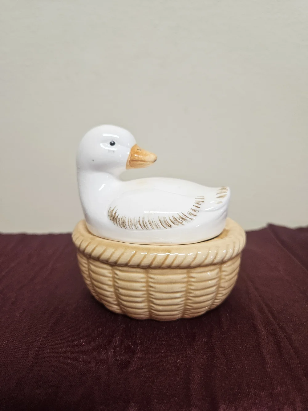 Vintage 1984 Enesco Ceramic Duck Nest Covered Dish with Tan Wicker Basket